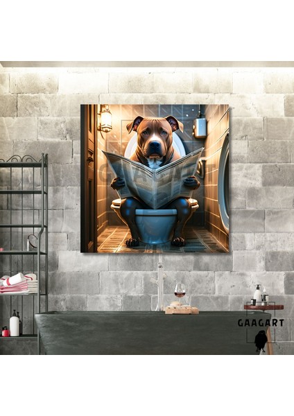 Tekli Kare Kanvas Banyo Tablosu Gazete Okuyan Pitbul Köpek