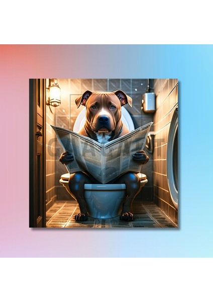 Tekli Kare Kanvas Banyo Tablosu Gazete Okuyan Pitbul Köpek modelleri