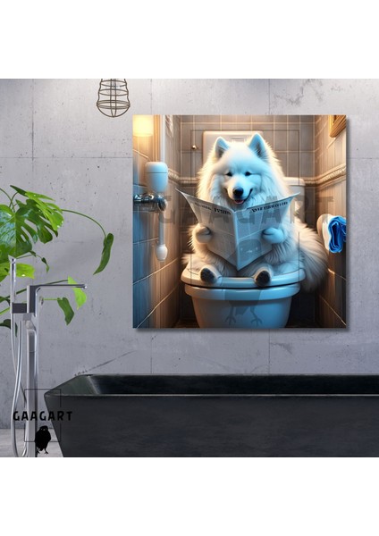 Tekli Kare Kanvas Banyo Tablosu Gazete Okuyan Samoyed Köpek