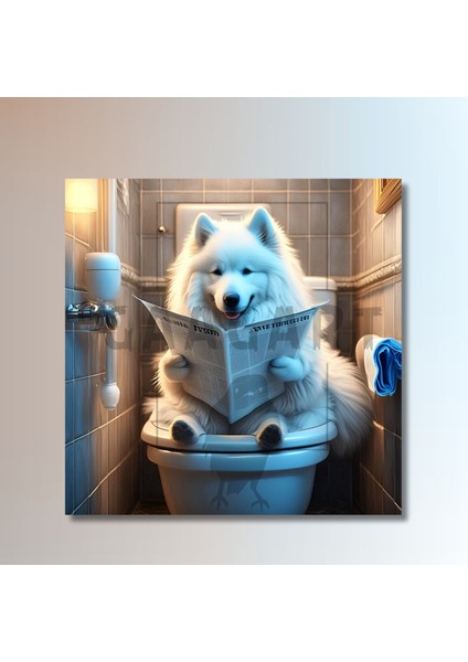 Tekli Kare Kanvas Banyo Tablosu Gazete Okuyan Samoyed Köpek modelleri