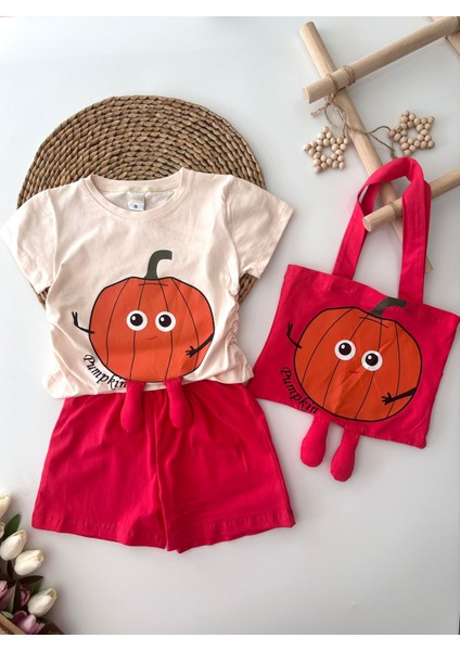 Bal Kabağı Desenli Büzgülü 3 Lü Kız çocuk takım - Fuşya