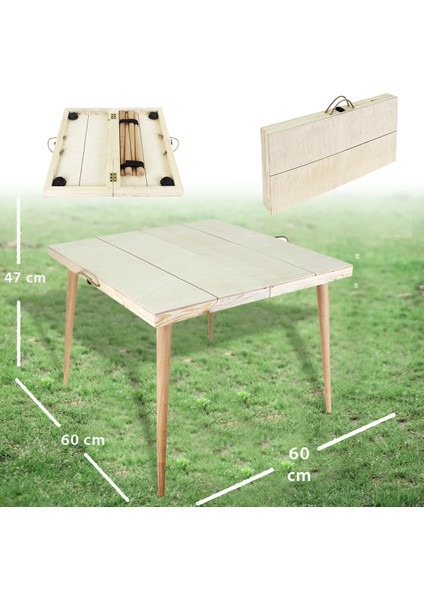 Katlanabilir Doğal Ağaç Kamp ve Piknik Masası 60 x 60 x 47 cm