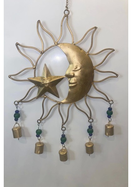 Deprem Zili Çanı Rüzgar Çanı Zili Feng Shui Hayat Ağacı Ay Yıldız Sembolü Komple 5 Metal Çanlı Bakır Büyük Boy Gold