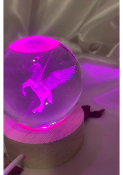 3D LED Işık Cam Küre Çok Işıklı Ahşap Unikorn Şahlanan At 6 cm Gece Lambası