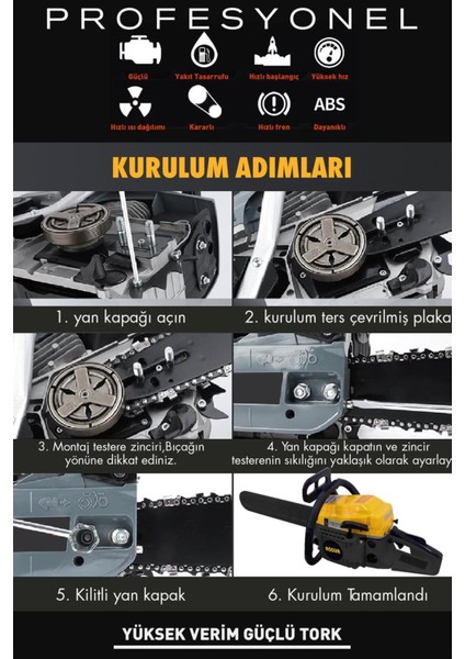 Zincirli Benzinli Ağaç Kesme Motoru Hızar 2.9 Hp 52 cc Sarı