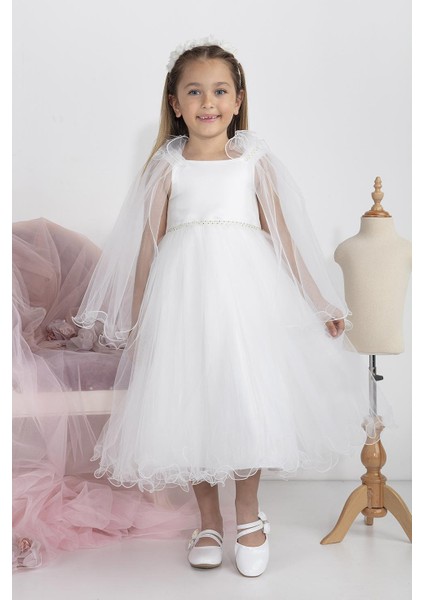 Minimony 5-9 Yaş Pelerin Kol Detaylı Kız Çocuk Tam Boy Elbise Bayramlık Mezuniyet Balo Abiye Gelinlik 5004