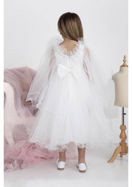 Minimony 5-9 Yaş Pelerin Kol Detaylı Kız Çocuk Tam Boy Elbise Bayramlık Mezuniyet Balo Abiye Gelinlik 5004 modelleri