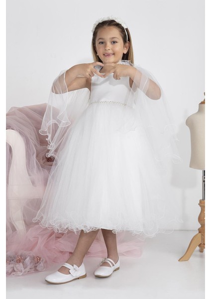 Minimony 5-9 Yaş Pelerin Kol Detaylı Kız Çocuk Tam Boy Elbise Bayramlık Mezuniyet Balo Abiye Gelinlik 5004 fırsatları