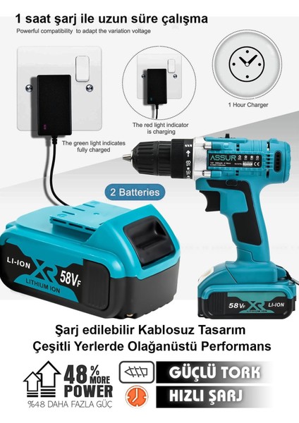 12V 1.5Ah Çelik Şanzıman Bakır Sargılı Şarjlı Matkap Vidalama  Çift Akülü 24 Parça