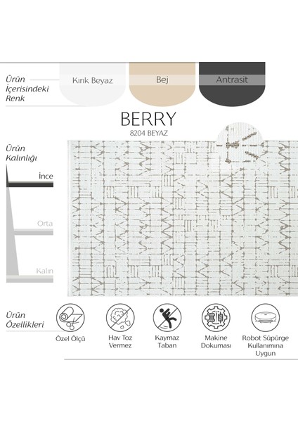 Berry 8204 Beyaz Halı Bohem Oturma Odası Halısı Kaymaz Taban Halı Kesme Halı Yolluk İnce Halı Kilim fiyatları