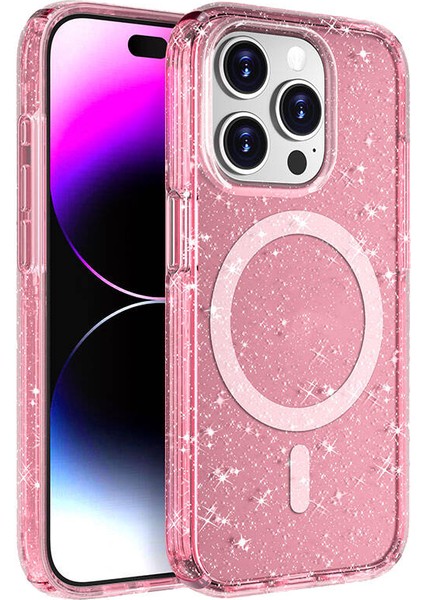 - iPhone 15 Pro Max - Kılıf Magsafe Şarj Özellikli Parlayan Simli Saydam Renkli Allstar Kapak - Pembe