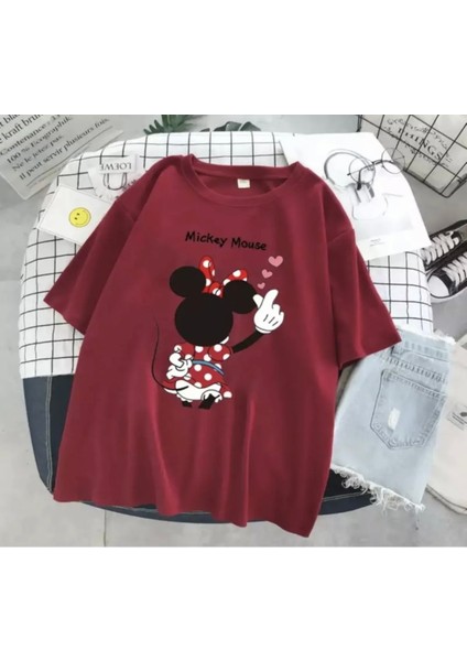 Büyük Beden Özel Tasarım Üç Pembe Kalp Mickey Baskılı %100 Pamuk Kadın Battal T-Shırt