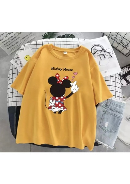 Büyük Beden Özel Tasarım Üç Pembe Kalp Mickey Baskılı %100 Pamuk Battal Kadın T-Shırt