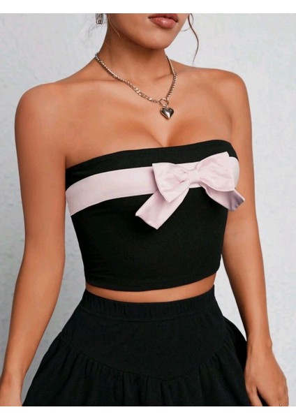 Kalın Kurdeleli Siyah Straplez Lolita Crop Top