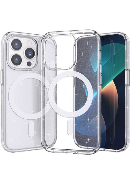- Apple iPhone 14 Pro Max - Kılıf Magsafe Şarj Özellikli Parlayan Simli Saydam Renkli Allstar Kapak - Şeffaf