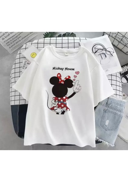 Büyük Beden Özel Tasarım Üç Kalp Mickey Baskılı %100 Pamuk Oversize Battal Kadın T-Shırt