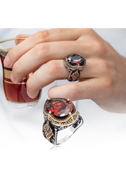 Kırmızı Taşlı 925 Gümüş Erkek Yüzük