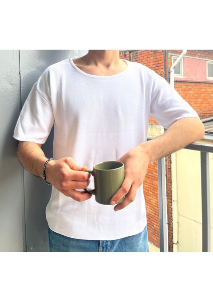 Erkek Geniş Yaka Oversize Triko T-Shirt