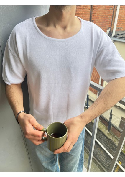 Erkek Geniş Yaka Oversize Triko T-Shirt