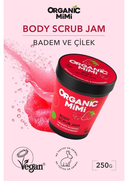 Vücut Peelingi Organik Badem Yağı ve Çilek Hassas Ciltler Nemlendirici Body Scrub, 250 G