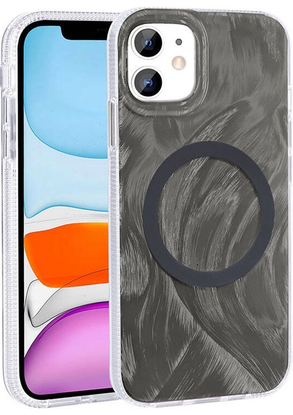 iPhone 11 Uyumlu Prl Kılıf Magsafe Şarj Özellikli Fırça Boya Desenli Zore Palet Kapak-Gri