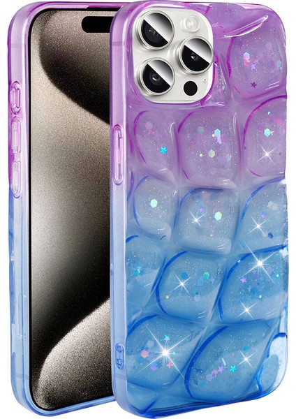 iPhone 15 Pro Max Uyumlu Prl Kılıf Simli 3D Desenli Zore Hacar Kapak-Mor-Mavi