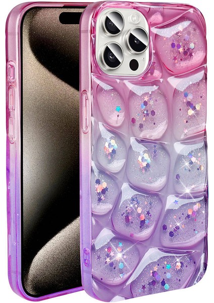 iPhone 15 Pro Max Uyumlu Prl Kılıf Simli 3D Desenli Zore Hacar Kapak-Mor-Mavi