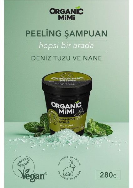 Organic Mimi Hepsi Bir Arada Deniz Tuzu ve Nane Peeling Şampuan, Organik Nane, Jojoba, Dökülmeyi Kepeği Önler 280 G / Shampoo Scrub