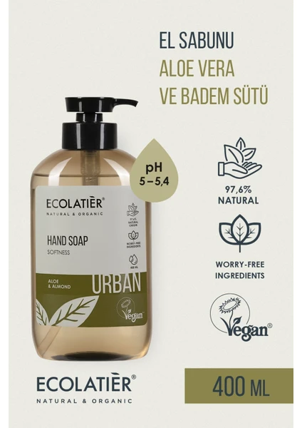 Sıvı El Sabunu Nemlendirici Yumuşatıcı Aloe Vera Ve Badem %97,6 Doğal Sıvı Sabun, 400 ml