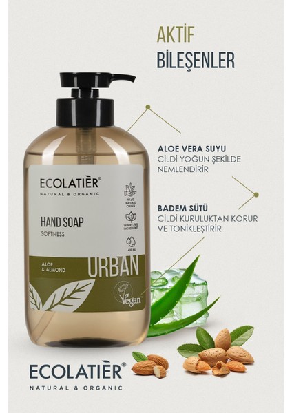 Sıvı El Sabunu Nemlendirici Yumuşatıcı Aloe Vera Ve Badem %97,6 Doğal Sıvı Sabun, 400 ml