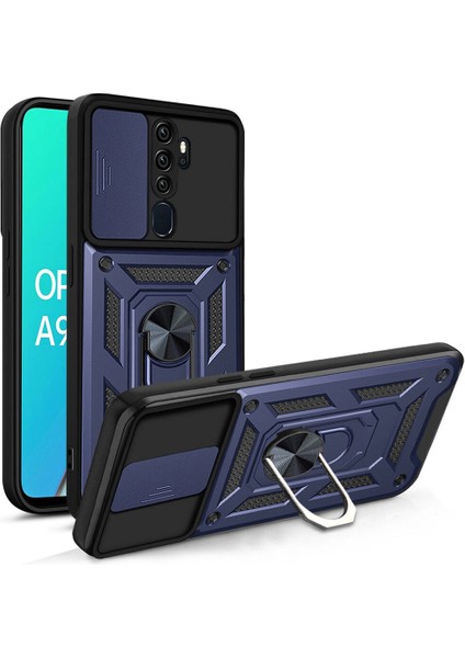 Oppo A5 2020 Uyumlu Prl Kılıf Magnetik Standlı Kamera Korumalı Zore Sürgülü Vega Kapak-Mavi