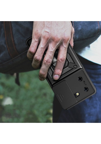 Tecno Pova 5 Uyumlu Prl Kılıf Magnetik Standlı Kamera Korumalı Zore Sürgülü Vega Kapak-Mavi
