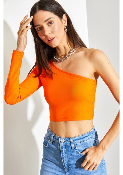 Kadın Uzun Tek Omuz Crop Bluz