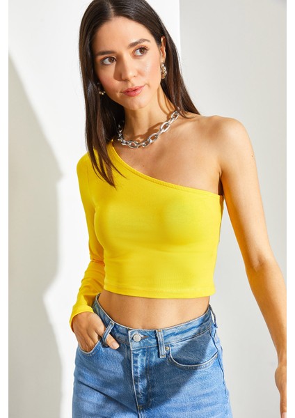 Kadın Uzun Tek Omuz Crop Bluz