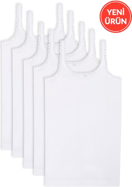 Özkan 1610 5'li Paket Kız Çocuk %100 Pamuklu Ribana Yakası Dantel Detaylı Ince Askılı Örme Atlet