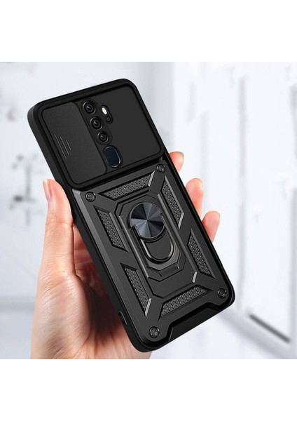 Oppo A5 2020 Uyumlu Prl Kılıf Magnetik Standlı Kamera Korumalı Zore Sürgülü Vega Kapak-Siyah