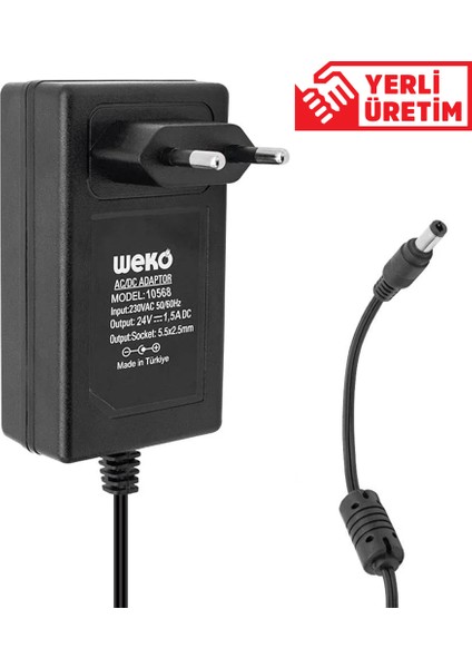 24 Volt - 1.5 Amper 5.5*2.5 Uçlu Plastik Kasa Priz Tipi Adaptör