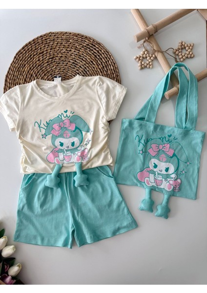 Çantalı Büzgülü 3 Lü Kız Çocuk Takım - Turkuaz