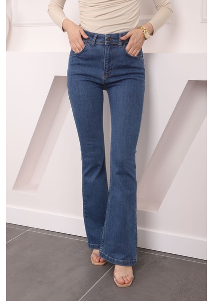 Lacivert Yüksek Bel İspanyol Paça Jeans Pantolon