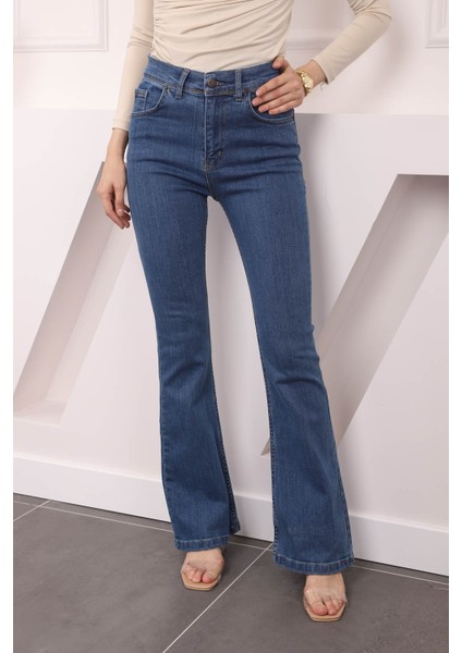 Lacivert Yüksek Bel İspanyol Paça Jeans Pantolon