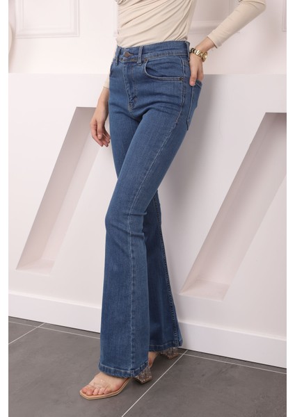 Lacivert Yüksek Bel İspanyol Paça Jeans Pantolon