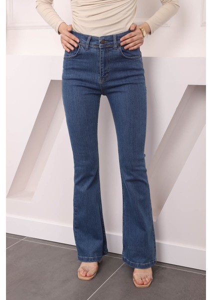 Lacivert Yüksek Bel İspanyol Paça Jeans Pantolon