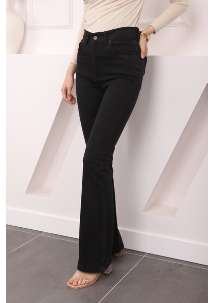 Antrasit Yüksek Bel İspanyol Paça Jeans Pantolon