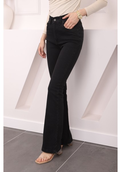 Antrasit Yüksek Bel İspanyol Paça Jeans Pantolon modelleri