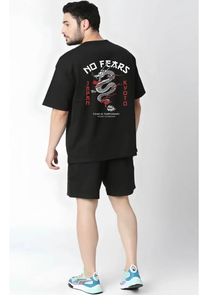 Büyük Beden Özel Tasarım No Fears Ejderha Sırt Baskılı Battal Erkek T-Shırt Şort Takımı