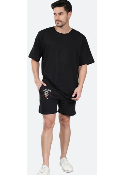 Büyük Beden Özel Tasarım No Fears Ejderha Sırt Baskılı Battal Erkek T-Shırt Şort Takımı fiyatları
