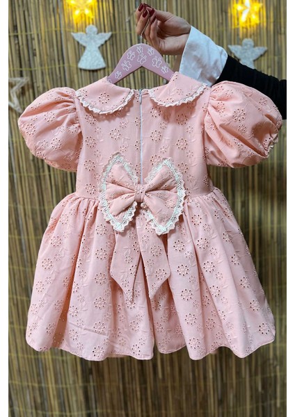 Dantel Süslemeli Balon Kol Kız Çocuk Bebek Fisto Elbise