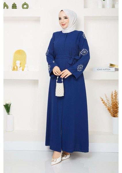 Akça Kadın Kolu Taşlı Taşlı Krep Kumaş Tam Boy Ferace