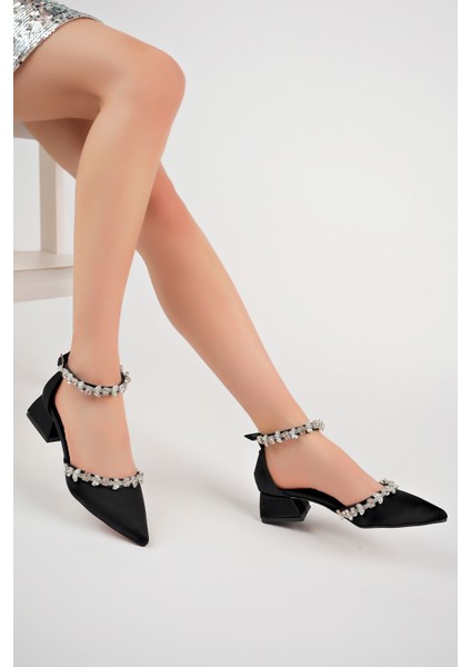 BA04490 Siyah S Kadın Ön Bilek Taşlı Abiye Kısa Klasik Topuklu Ayakkabı - Siyah Saten - 40
