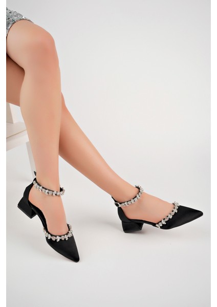 BA04490 Siyah S Kadın Ön Bilek Taşlı Abiye Kısa Klasik Topuklu Ayakkabı - Siyah Saten - 40 fiyatları